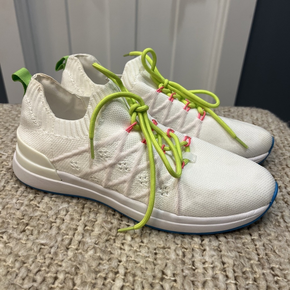 Nine West Women White‎ Green Knit Tennis Shoes Sneakers Wnknit2 Lace Up Size 8.5
